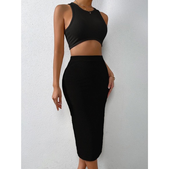 2 piece set: Tank Top crop top & Split Thigh midi Skirt set black - Picture 1 of 11